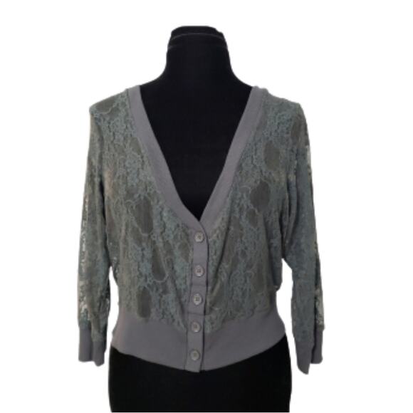 NEW Gray Sheer Mesh Embroidered Crop Cardigan Plus Size 1X Victorian Romantic - Picture 1 of 10